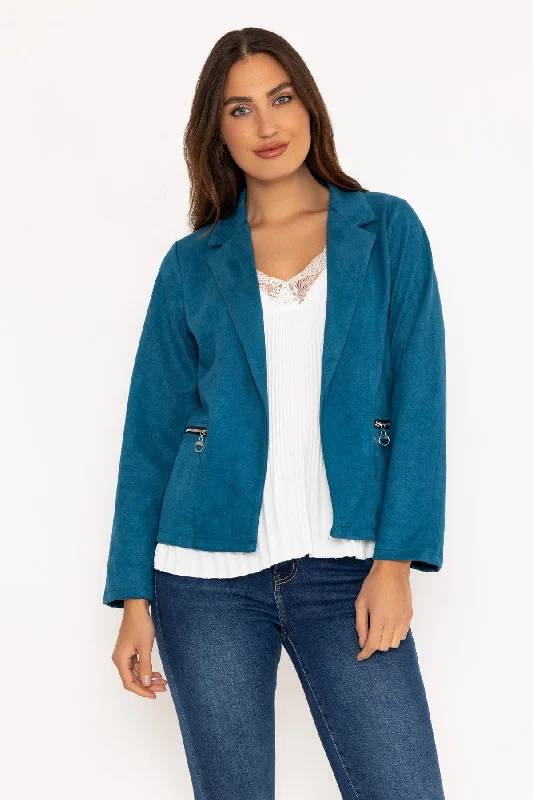 Blue Hip Length Suede Jacket Women's smart jackets