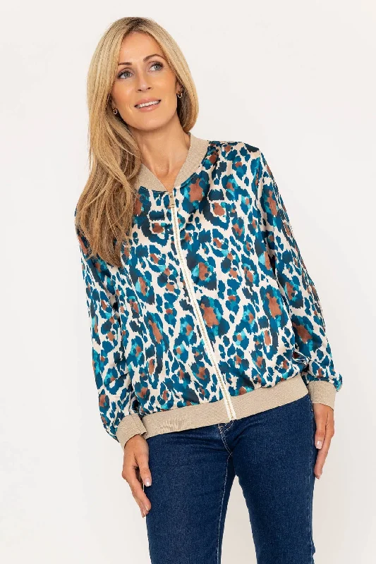 Teal Leopard Print Bomber Jacket Women's cotton jackets