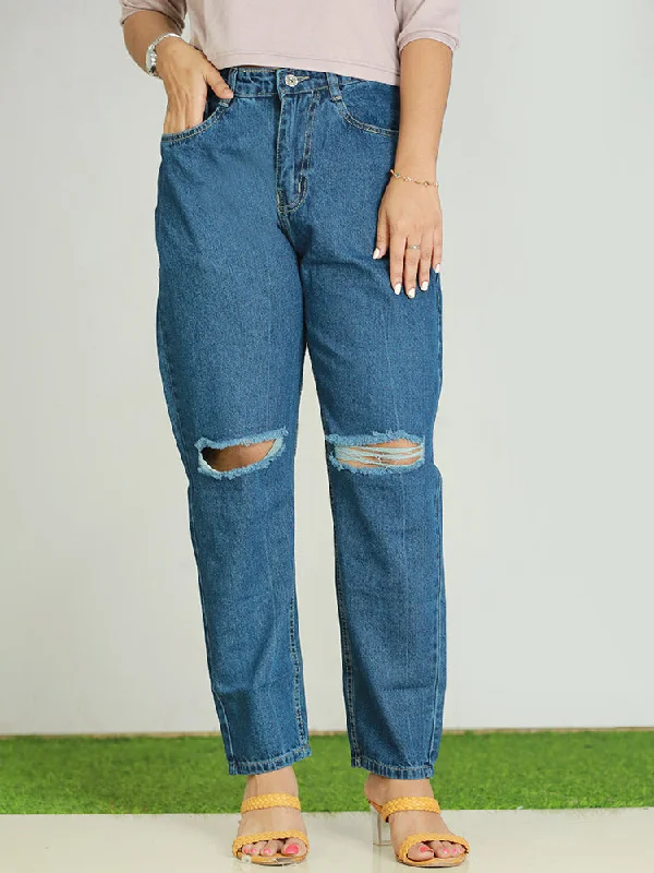 Women's Baggy Jeans - Denim with Patchwork Design - 499/-