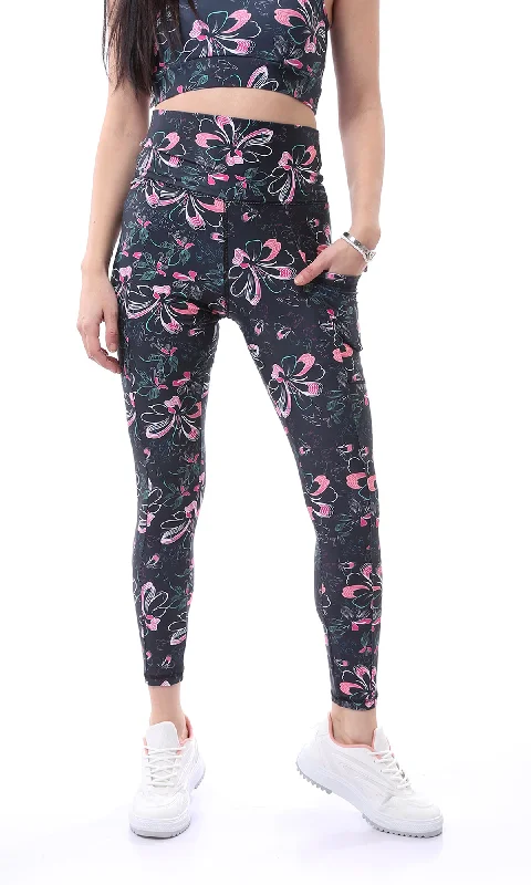 O167555 Wide Waist Floral Black & Pink Long Leggings