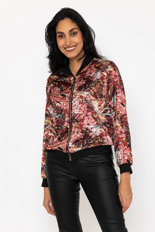 Burgundy Printed Bomber Jacket Women's running jackets