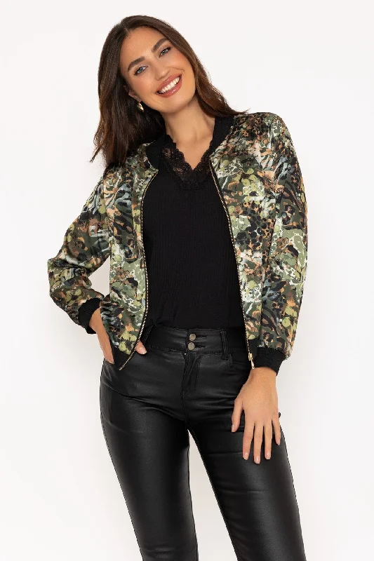 Khaki Printed Bomber Jacket Women's cool weather jackets