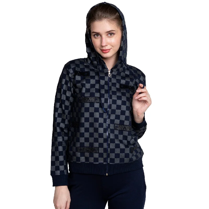 Checker Print Women's Zip-through Hoodie Fleece Hoodies & Sweatshirts