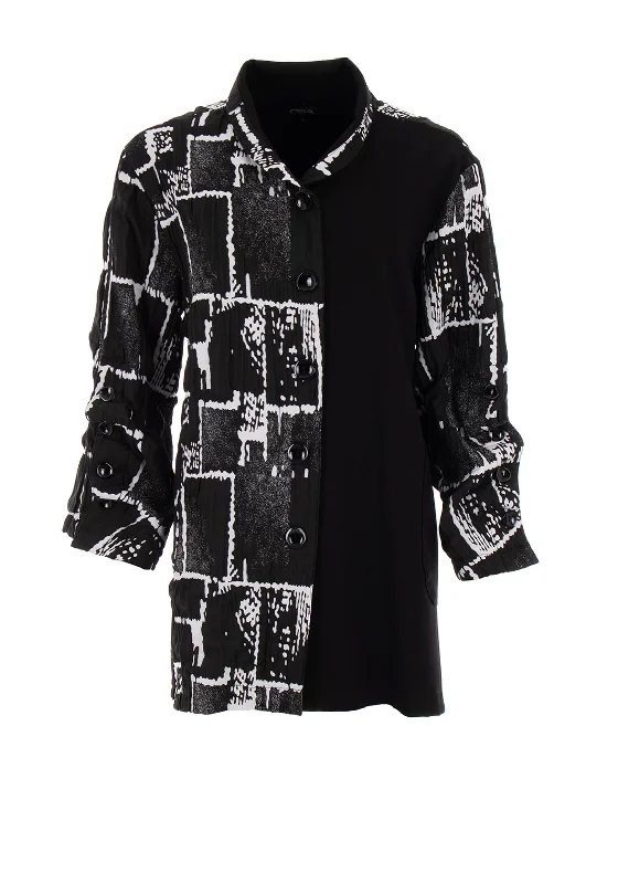 Ora Textured Graphic Print Contrast Jacket, Black Women's streetwear jackets