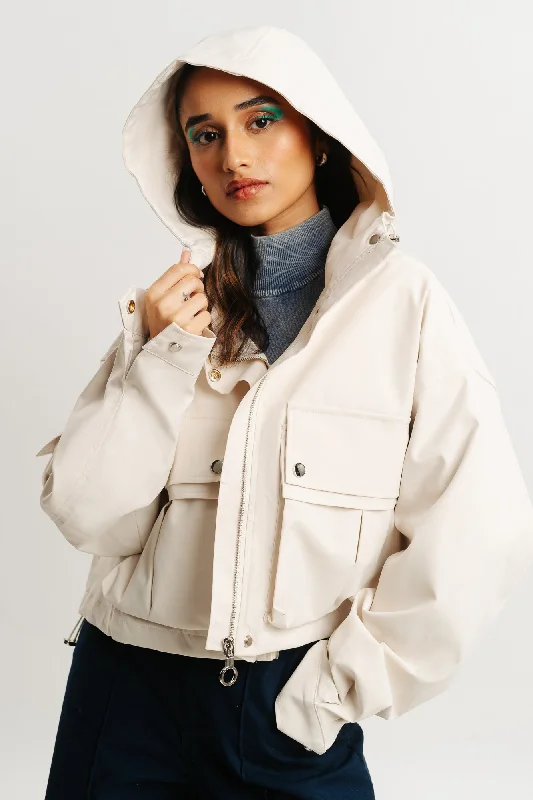 White Hood Cargo Pocket Jacket Women's thermal jackets