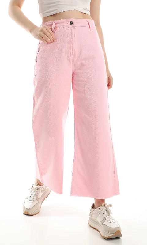 O158873 Fringed Trim Cotton Self Ribbed Wide Pants - Rose