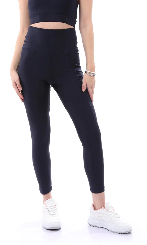 O167540 Elastic Waist Solid Navy Blue Sports Long Leggings