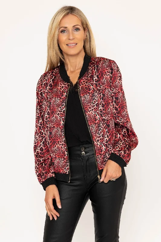 Red Leopard Print Bomber Jacket Women's fall jackets