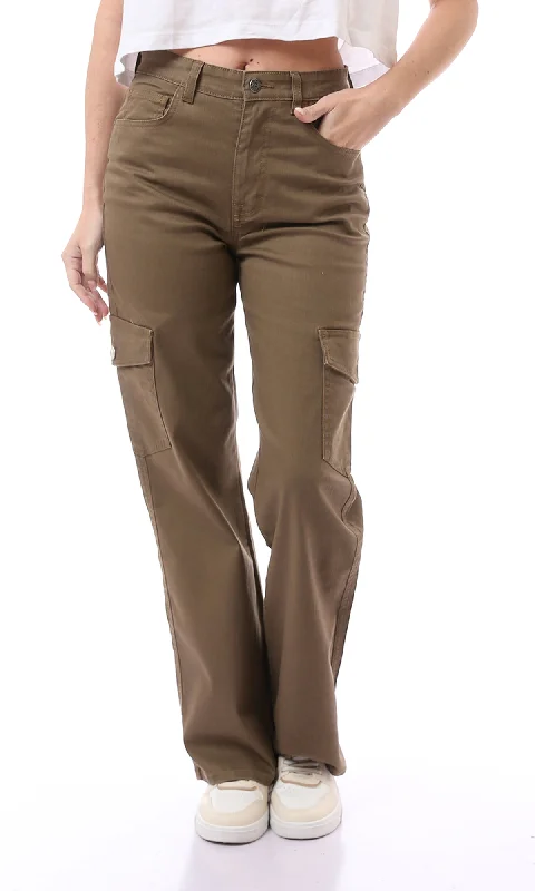 O168588 Fly Zipper Button Dark Khaki Casual Cargo Pants