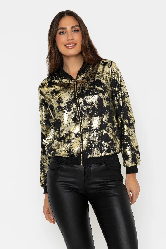 Black & Gold Metallic Bomber Jacket Women's trendy jackets