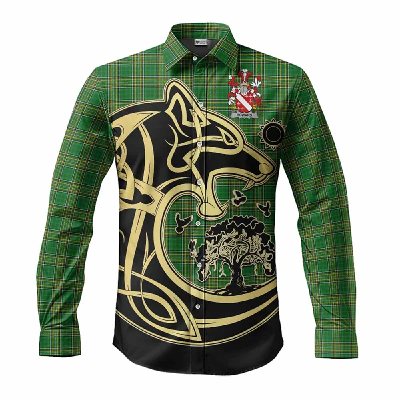 Howard Irish Tartan Long Sleeve Button Shirt with Coat of Arms Celtic Wolf Style