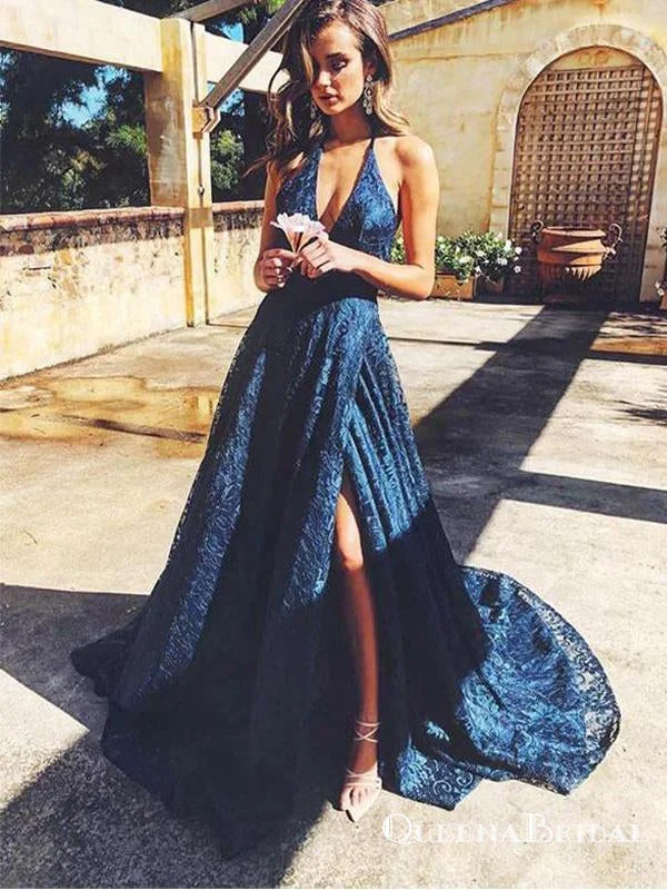 Beautiful A Line Navy Blue V Neck Split Front Long Prom Dresses, QB0752