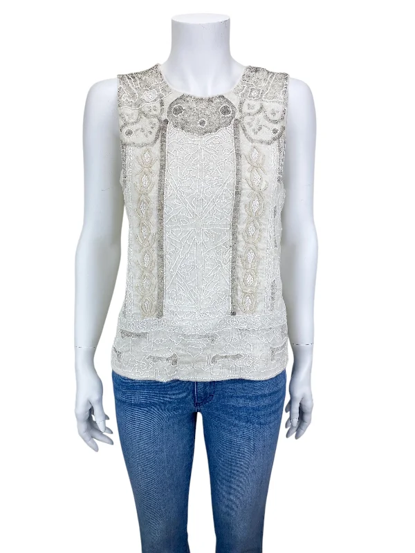 Lucky Brand Women's Beaded Shell Top Ivory Size S with Tags