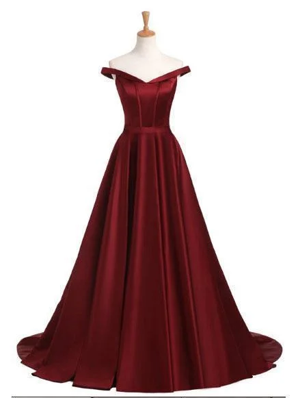 A-line/Princess Off the Shoulder Burgundy Long Prom Dresses, QB0306