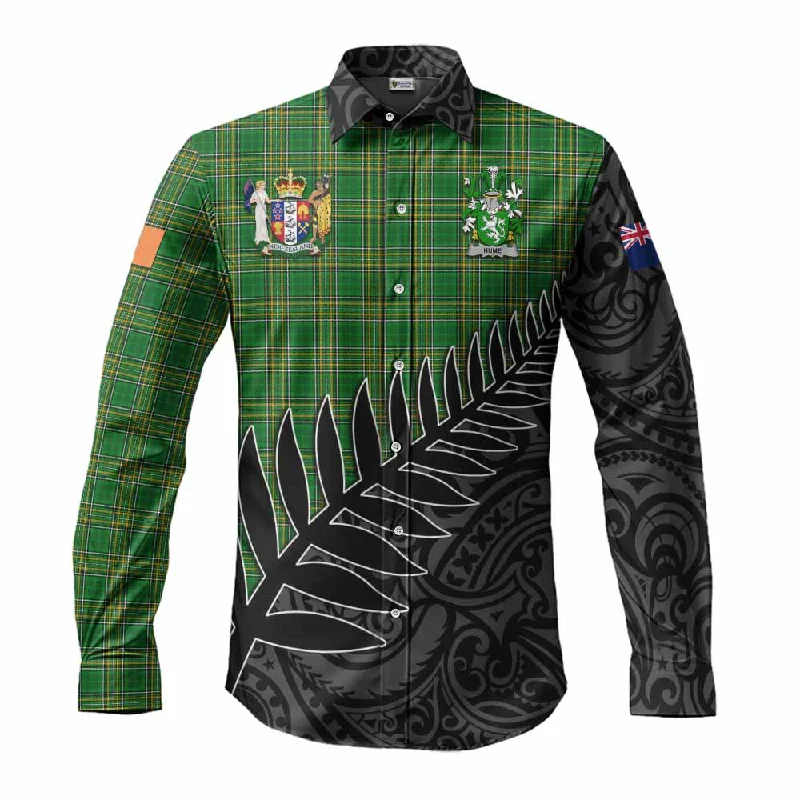 Hume Irish Clan Tartan Long Sleeve Button Shirt with Coat of Arms New Zealand Silver Fern Half Style