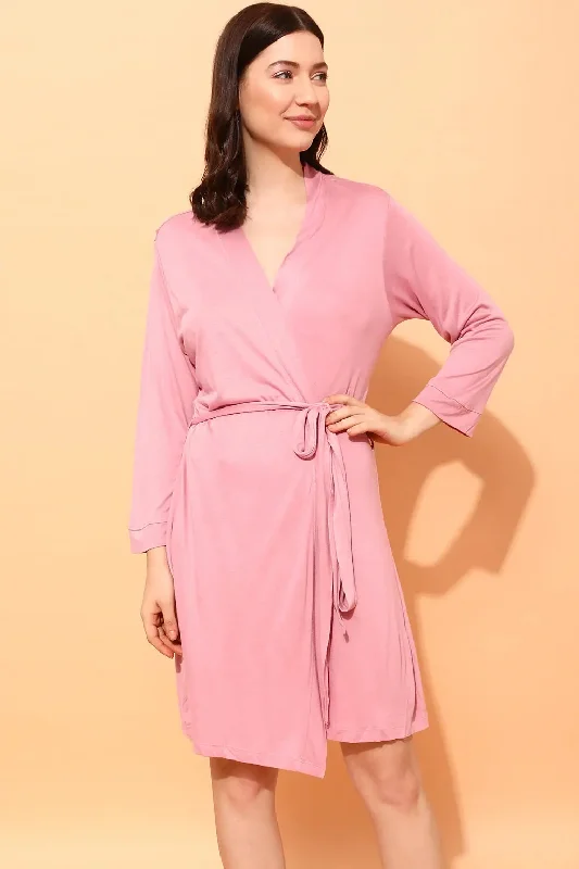 Clovia Chic Basic Robe in Baby Pink - Cotton Movie night pajama sets