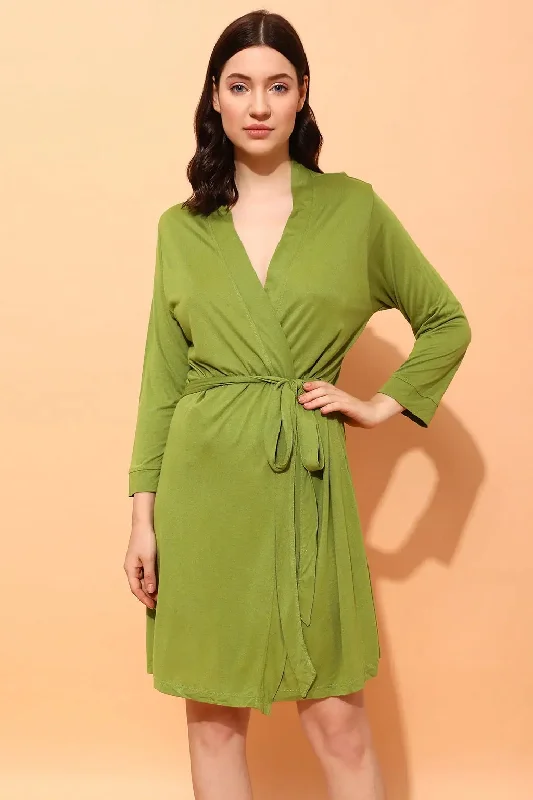 Clovia Chic Basic Robe in Green - Cotton Sleepwear pajama sets