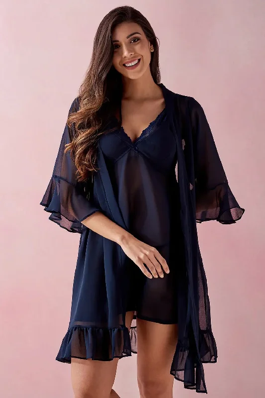 Clovia Chic Basic Robe in Navy - Lace & Georgette Shein pajama sets