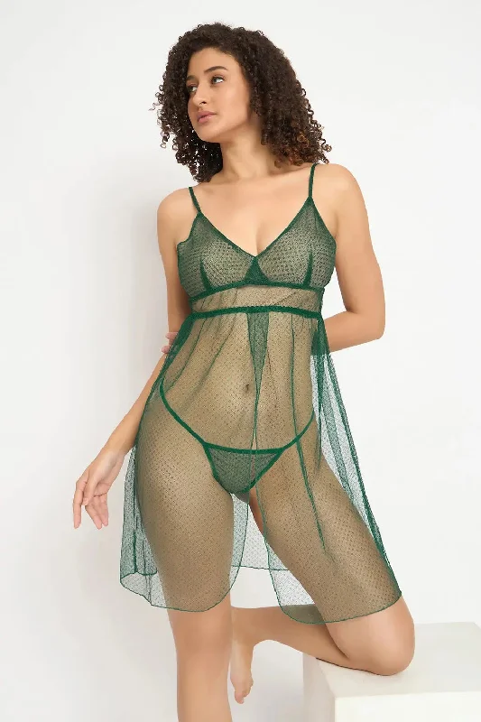 Clovia Chic Basic Sheer Babydoll with G-string in Dark Green - Mesh Best pajama sets for pregnancy