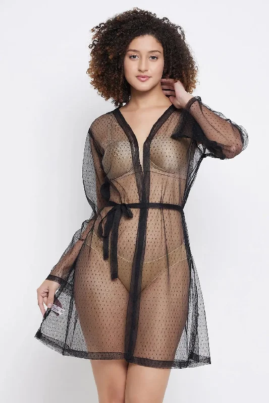 Clovia Chic Basic Sheer Robe in Black - Lace Nursing pajama sets