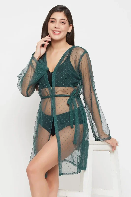 Clovia Chic Basic Sheer Robe in Green Camisole pajama sets