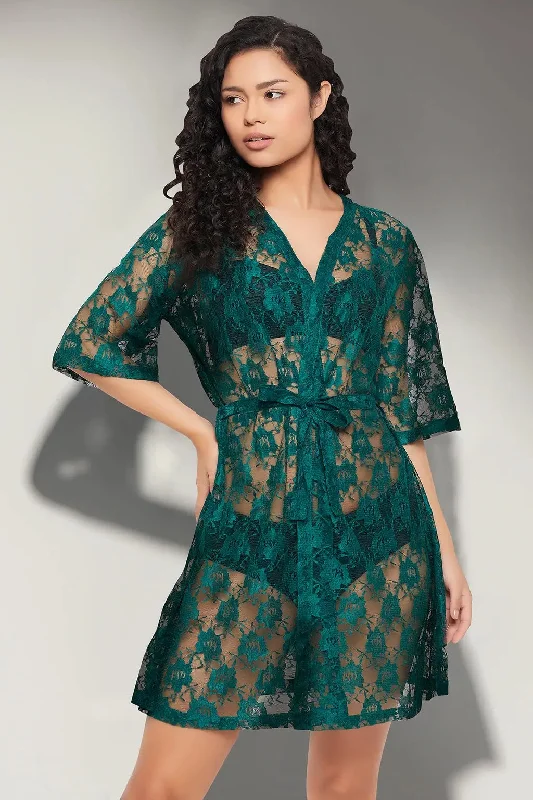 Clovia Chic Basic Sheer Robe in Ocean Green - Lace Spa pajama sets