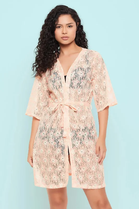 Clovia Chic Basic Sheer Robe in Peach Colour - Lace Hoodie pajama sets