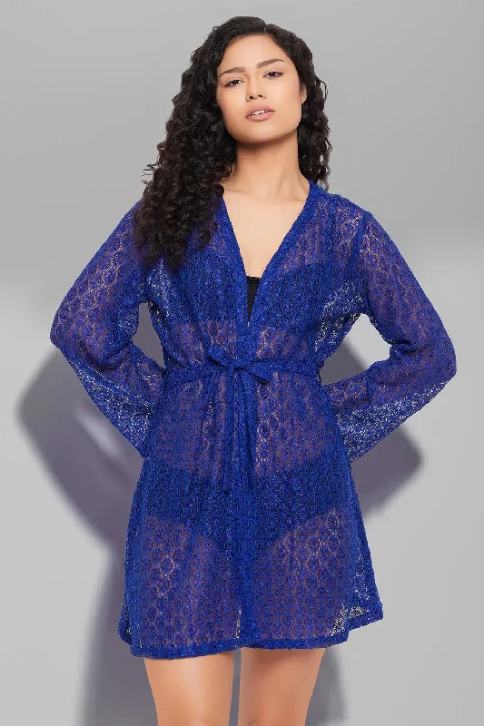 Clovia Chic Basic Sheer Robe in Royal Blue - Lace Three-piece pajama sets