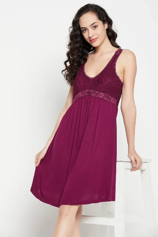 Clovia Chic Basic Short Night Dress in Wine Colour - Cotton Amazon pajama sets