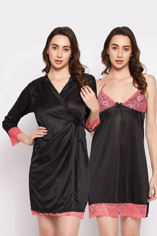 Clovia Chic Basic Short Night Dress & Robe Set in Black - Satin Button-up pajama sets