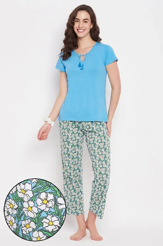 Clovia Chic Basic Top & Pretty Florals Pyjama Set in Blue - 100% Cotton Cotton pajama sets