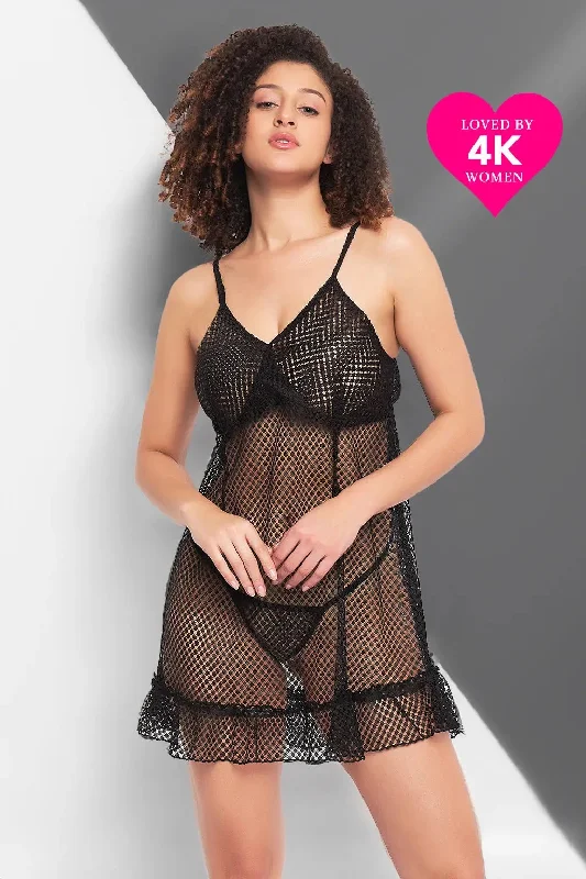 Clovia Padded Self-Patterned Sheer Babydoll in Black with Matching G-String - Lace Cheap pajama sets