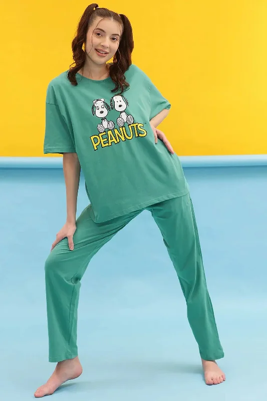 Clovia Peanuts Snoopy Print Oversized Tee & Pyjama Set in Teal Blue - 100% Cotton Velvet pajama sets