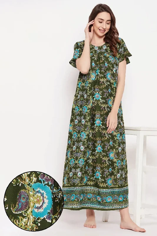 Clovia Pretty Florals Long Night Dress in Dark Green - Rayon Sleeveless pajama sets