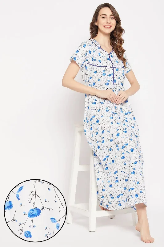 Clovia Pretty Florals Long Night Dress in White - 100% Cotton Travel pajama sets