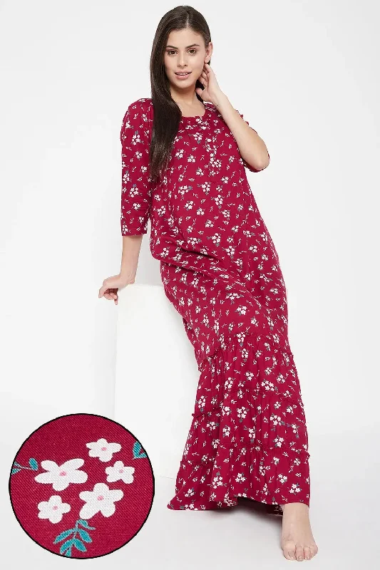 Clovia Pretty Florals Long Nighty in Maroon - Cotton Rich Best pajama sets for hot sleepers