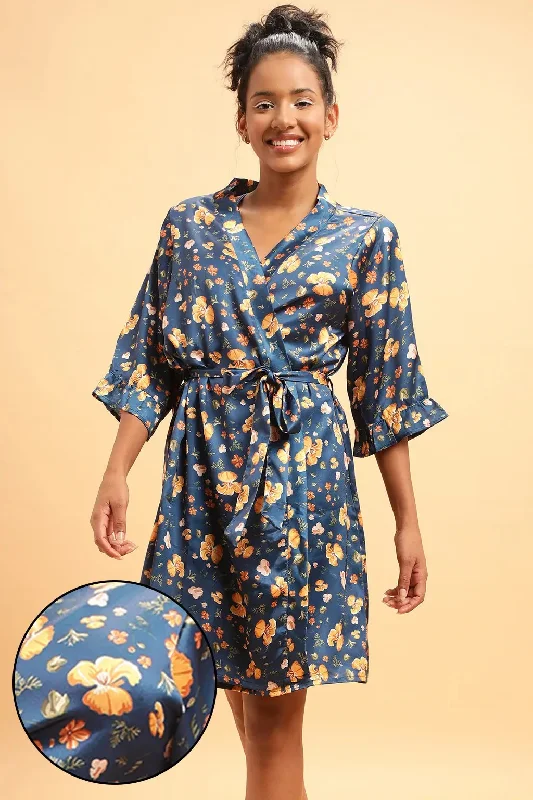 Clovia Pretty Florals Robe in Navy- Satin Luxury pajama sets