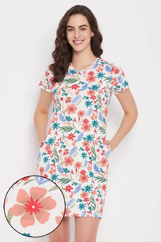 Clovia Pretty Florals Short Night Dress in White - 100% Cotton Floral pajama sets