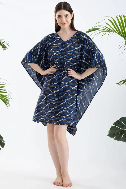 Clovia Print Me Pretty Short Kaftan in Navy - Rayon Linen pajama sets