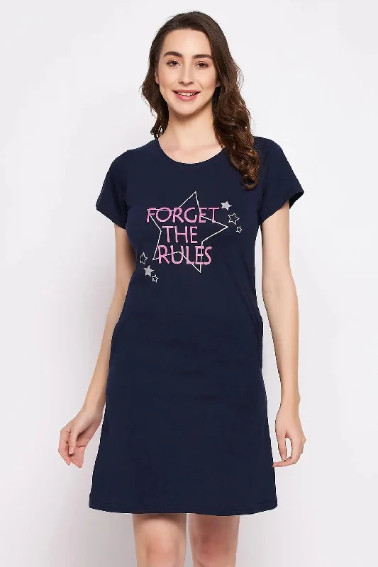 Clovia Quirky Quotes Short Nightdress in Navy - Cotton Cute pajama sets