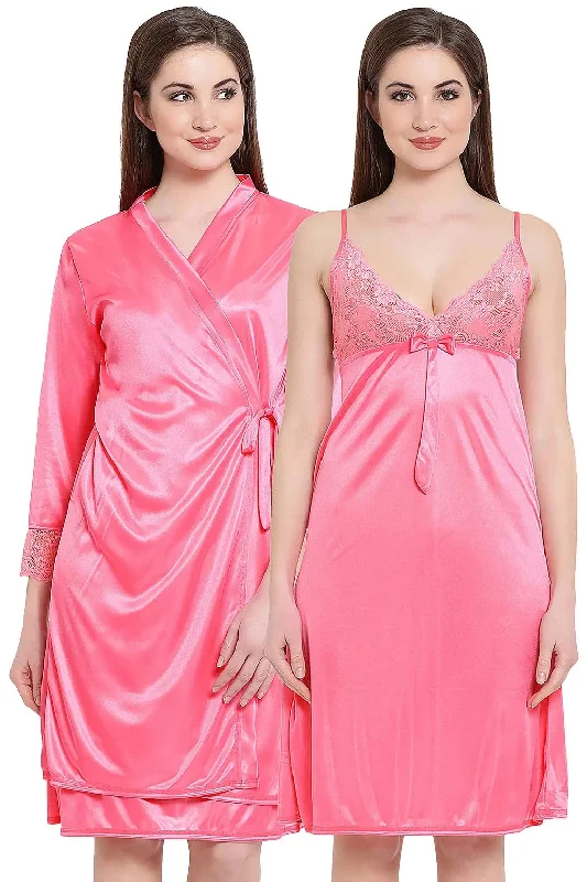 Clovia Short Night Dress & Full Sleeves Robe Set in Pink - Satin Family matching pajama sets