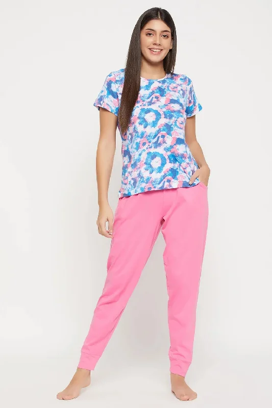 Clovia Tie Dye Print Top in Sky Blue & Solid Joggers in Pink - 100% Cotton Plus size pajama sets