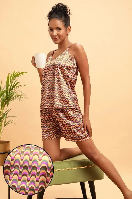 Clovia Y2K Print Top & Shorts Set in Multicolour - Satin Polyester pajama sets