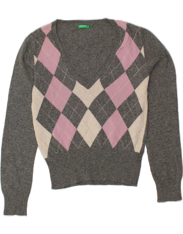 BENETTON Womens V-Neck Jumper Sweater UK 14 Medium Grey Argyle/Diamond Women's fashion sweaters sale