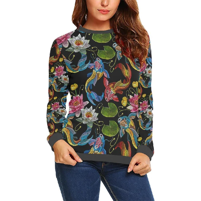 Crochet Koi Fish Lotus Pattern Print Women's Sweatshirt Best sweaters for cozy nights