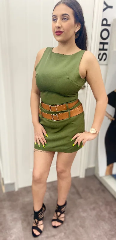 ROSIE KHAKI DOUBLE BELTED STRETCH SLEEVELESS MINI DRESS Cocktail mini dresses