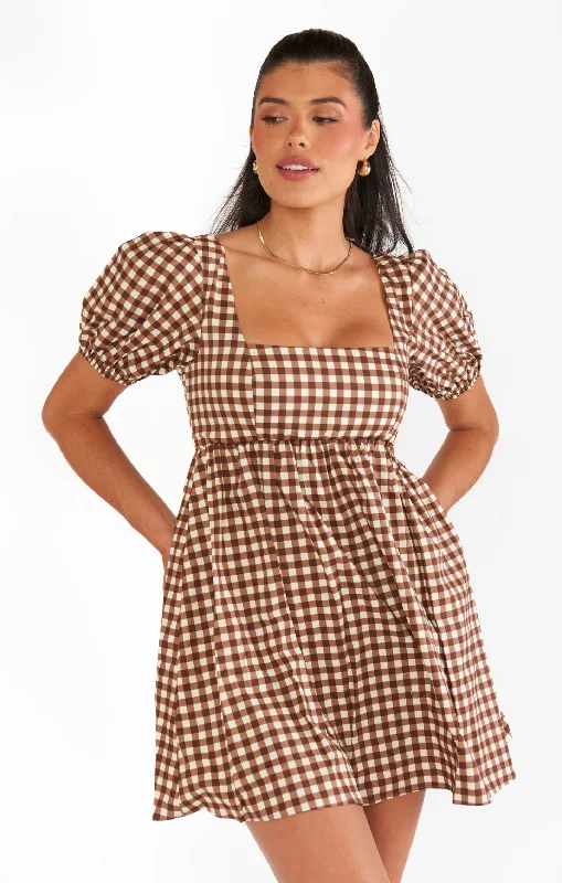 Smitten Babydoll Dress ~ Brown Gingham Sleeveless mini dresses