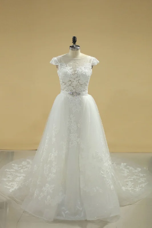 Bateau Sheath Wedding Dresses Tulle With Applique And Sash Soft Wedding Gown