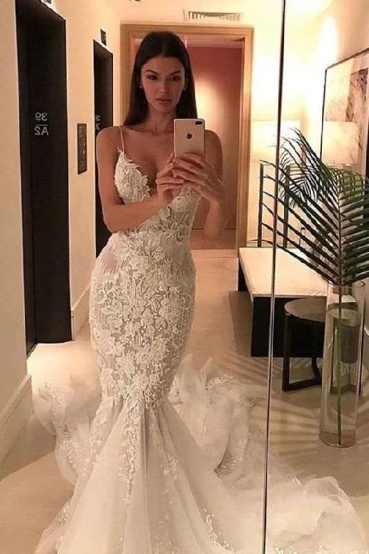 2024 Mermaid Wedding Dresses Spaghetti Straps With Applique And PF2ZAXHE Empire Waist Gown