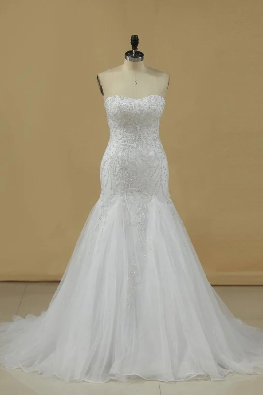 2024 Mermaid Wedding Dresses Strapless Tulle With Beads And Embroidery P27RFAFE Romantic Lace Dress